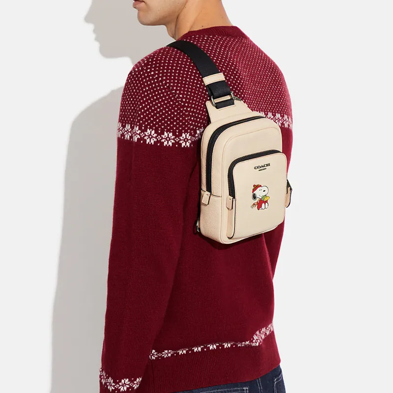 COACH Peanuts Snoopy Collaboration Track Pebbled Leather Shoulder Bag, Crossbody Bag, Sling Bag Mini Men's Ivory White-4