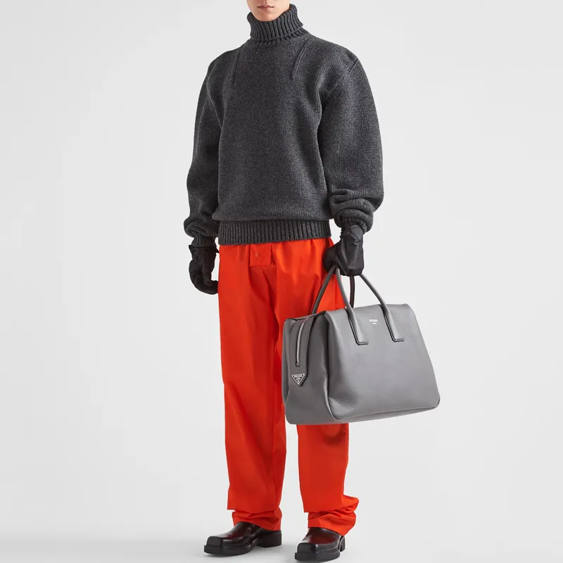 PRADA Leather Portable Travel Bag Men's Gray-4