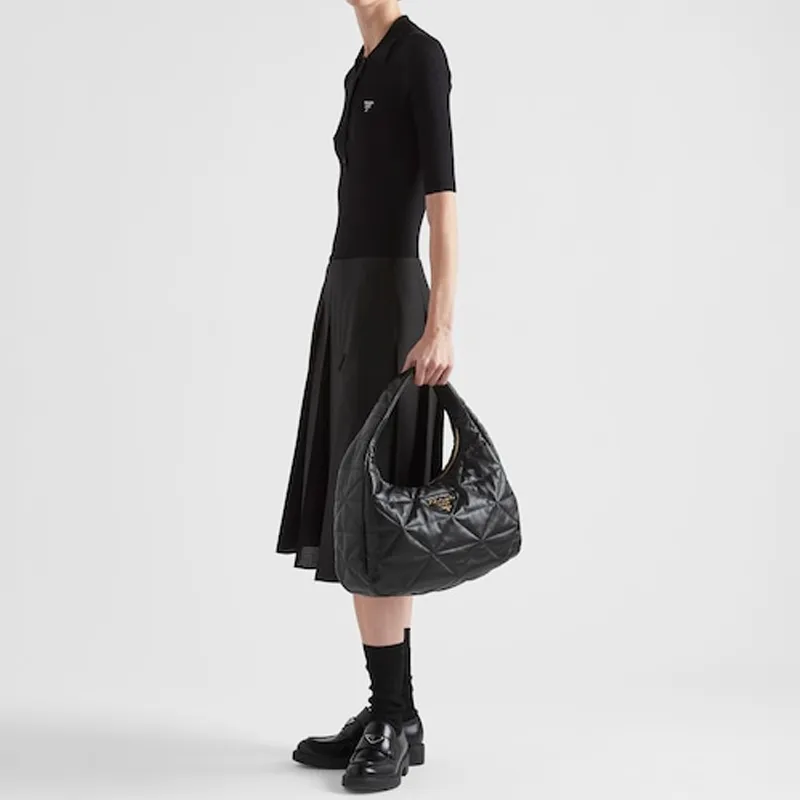 PRADA Soft Sheepskin Leather Handbag Large Size Women's Black-6