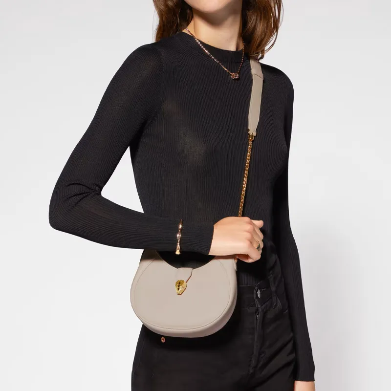 BVLGARI Serpenti Ellipse Textured Calfskin Handbag Shoulder Bag Crossbody Bag Small Size Women's Gray-4