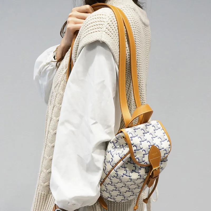 CELINE Canvas Cow Leather Patchwork Backpack Women's Blue/White-4