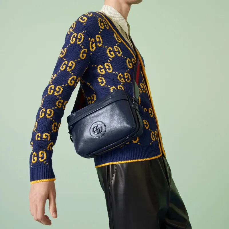 GUCCI Double G Leather Messenger Bag Shoulder Bag, Crossbody Bag Unisex Marine Blue-7