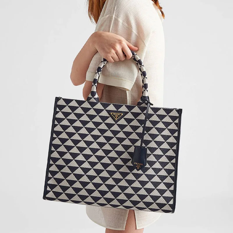 PRADA Symbol Fabric With Leather Tote Bag Shopping Bag Handbag Men's Blue/White-6
