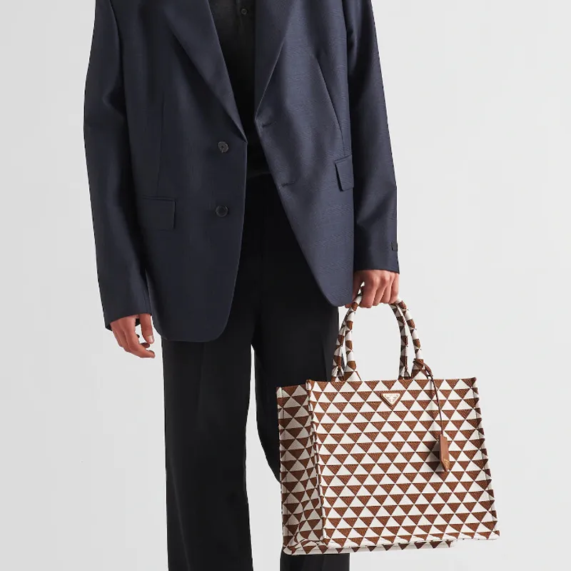 PRADA Symbol Fabric With Leather Tote Bag Shopping Bag Handbag Men's Brown/White-5