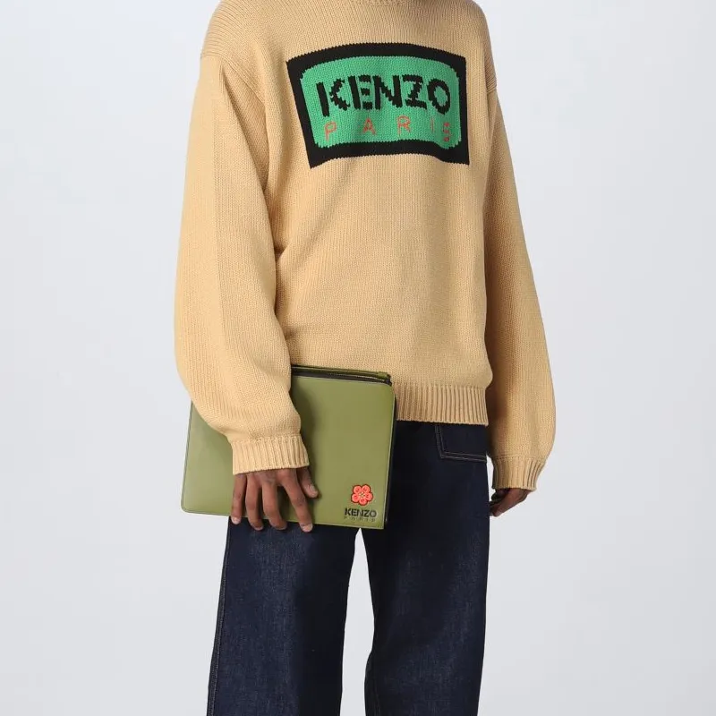 KENZO Cow Leather Wallets Clutches Large Size Unisex Green-6
