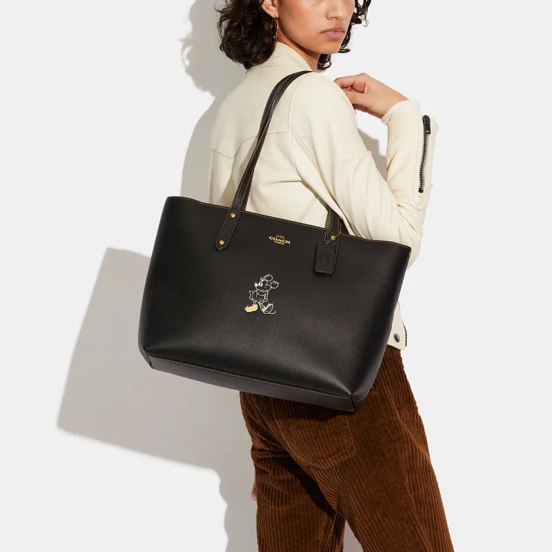 COACH Disney Collaboration Central Leather Tote Bag Shopping Bag Handbag Shoulder Bag Large Size Women's Black-4