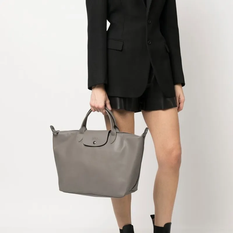 LONGCHAMP Le Pliage Cow Leather Shoulder Bag, Crossbody Bag, Handbag Large Size Women's Gray-3