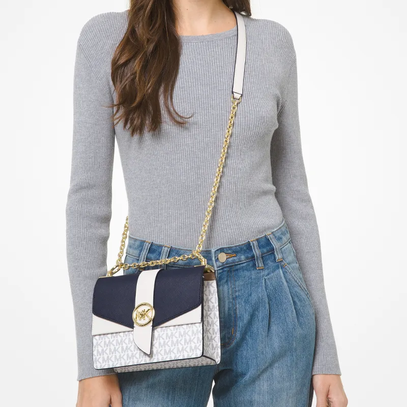 MICHAEL KORS Greenwich Cow Leather Envelope Bag, Shoulder Bag, Crossbody Bag Trumpets Women's White & Marine Blue-4