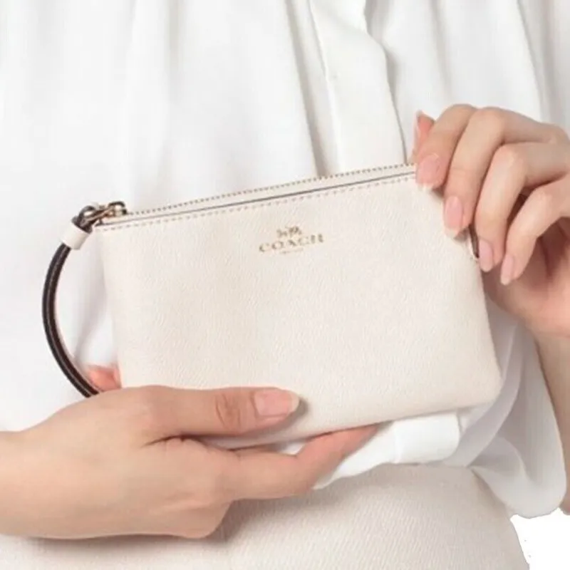 COACH Corner Zip Leather Coin Purse Clutch Wrist Bag Handbag Mini Women's White-5