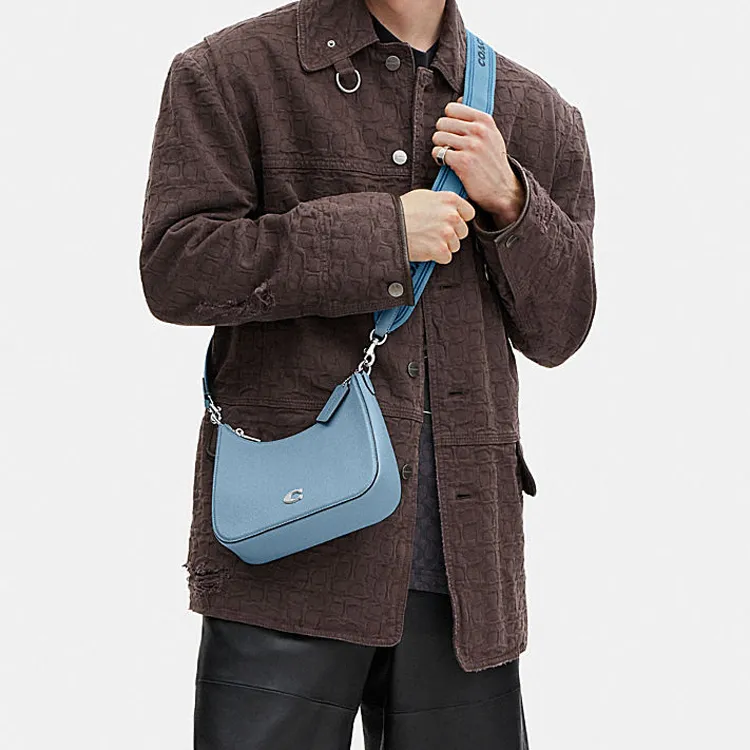 COACH Hobo Canvas With Leather Crescent Bag, Shoulder Bag, Crossbody Bag, Handbag Medium Size Women's Blue-3