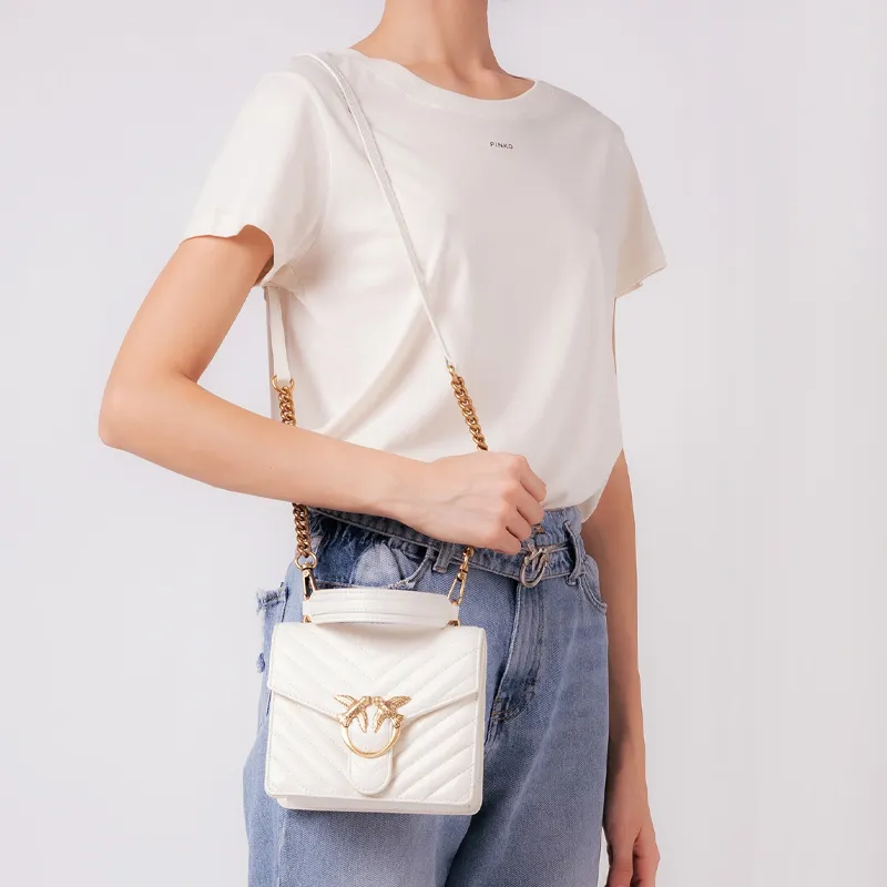 PINKO Sheepskin With Cow Leather Swallow Bag, Shoulder Bag, Crossbody Bag, Handbag Mini Women's White-3