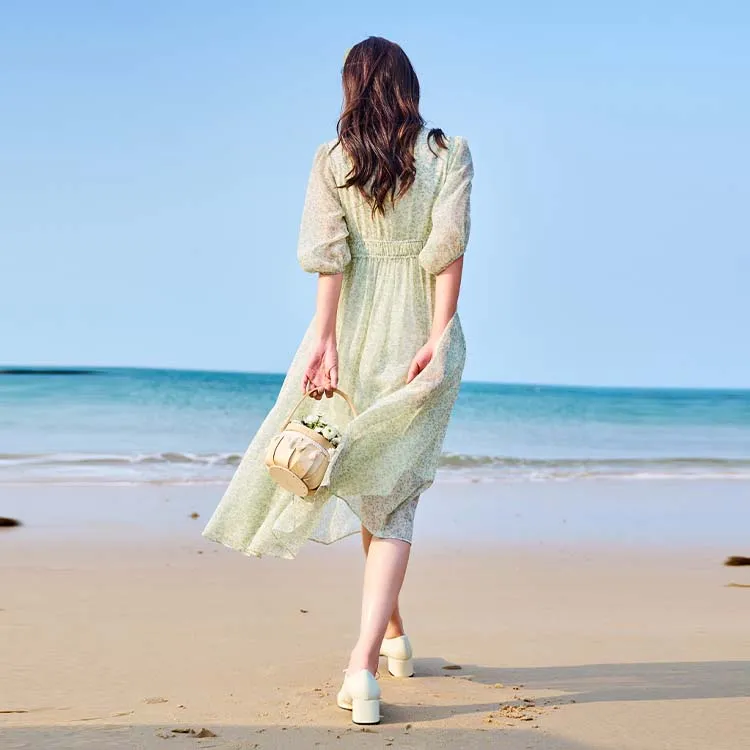 XIANGYING Short Sleeved Dresses Women's Lotus Green-1