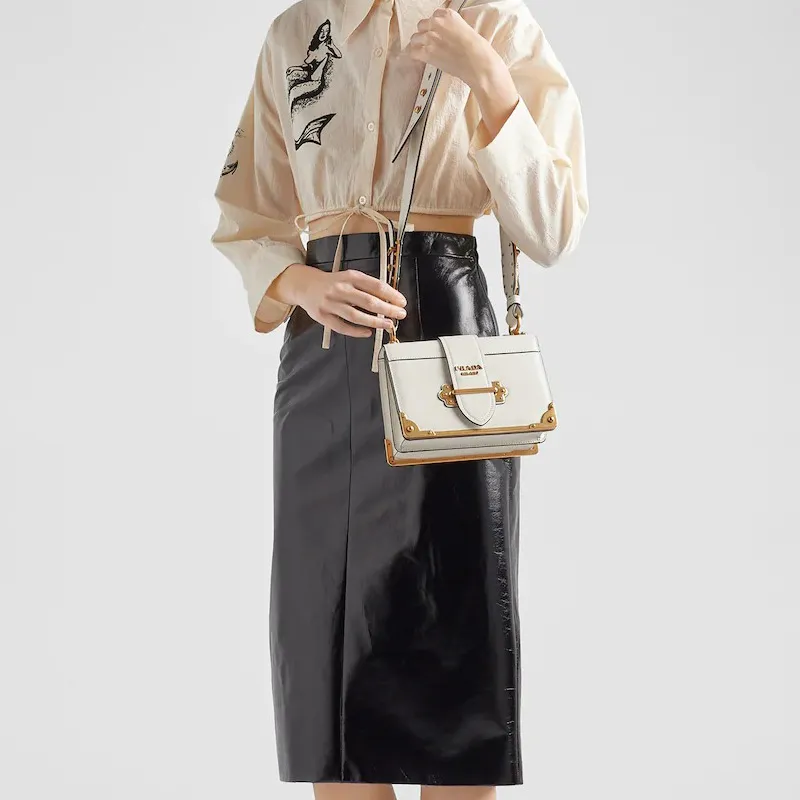 PRADA Cahier Leather One Shoulder Handbag, Crossbody Bag Women's White-3