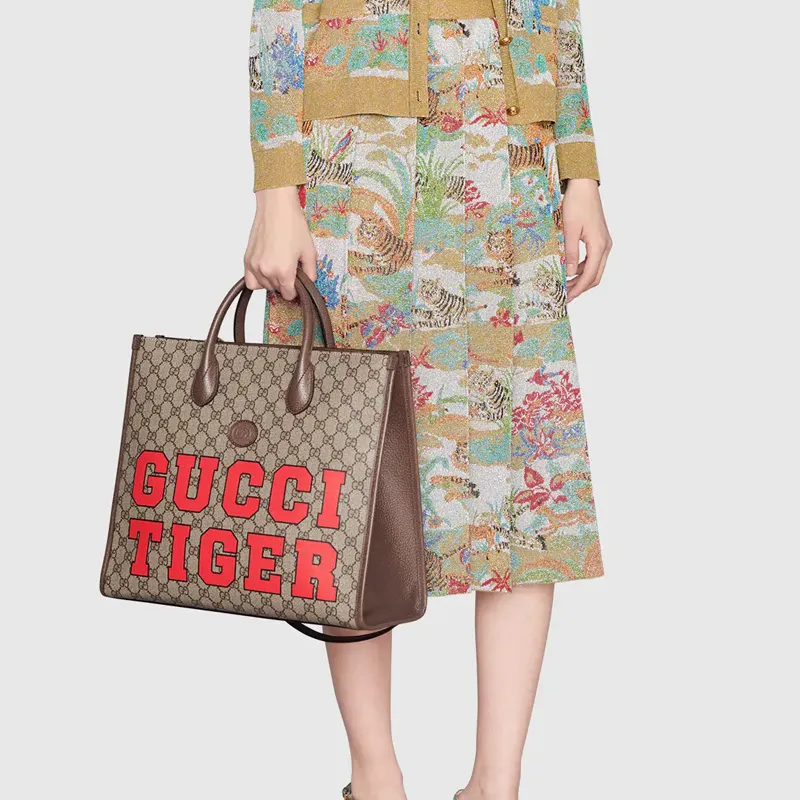 GUCCI Canvas With Leather Tote Bag Shopping Bag Shoulder Bag Crossbody Bag Handbag Unisex Ebony & Red-9