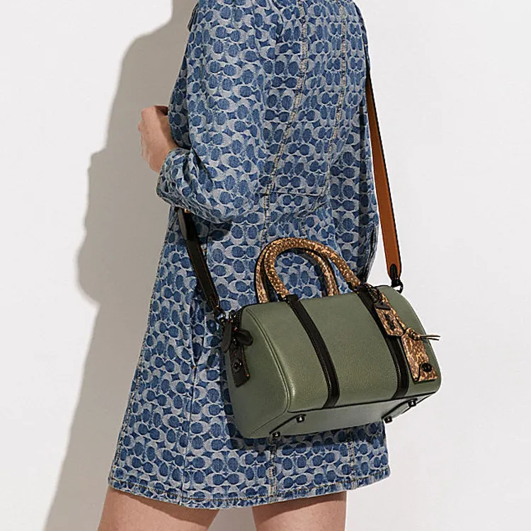 COACH Pebbled Leather With Snake Leather Boston Bag Handbag Shoulder Bag Crossbody Bag Medium Size Women's Army Green-3