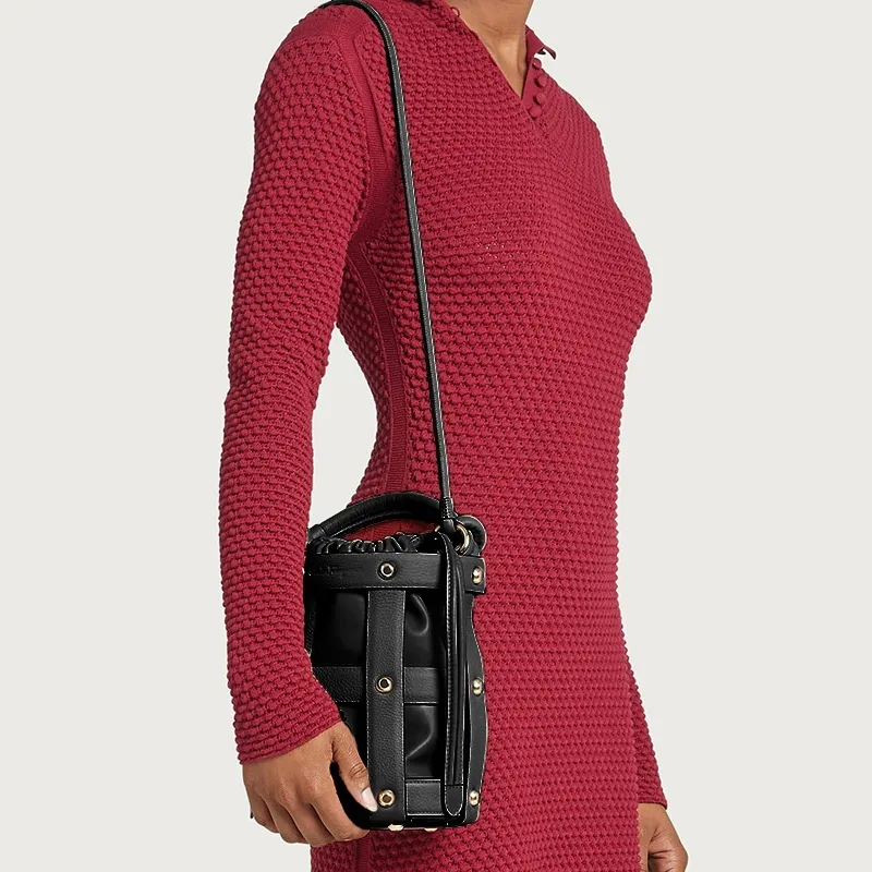 FERRAGAMO CAGE Cow Leather Bucket Bag, Crossbody, One Shoulder Handbag Regular Women's Black-5