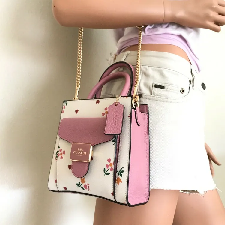 COACH Pepper Canvas With Leather Handbag, Shoulder Bag, Crossbody Bag Mini Women's White & Pink-6