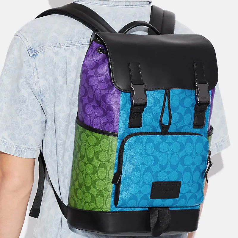 COACH Track Cow Leather Laptop Backpack Large Size Men's Black Blue Purple Green Multicolor-4