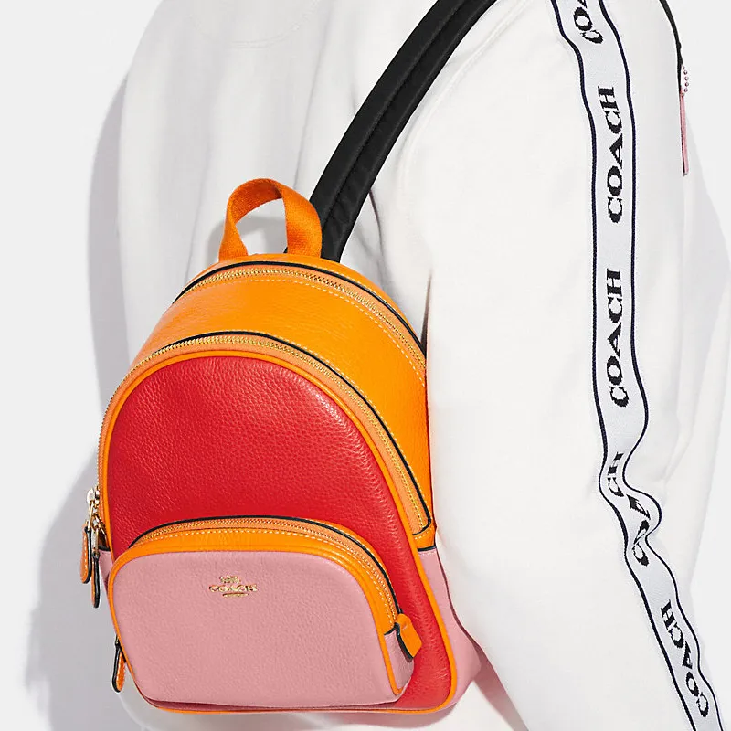 COACH Court Litchi Grain Leather Backpack Small Size Women's Red & Pink-4