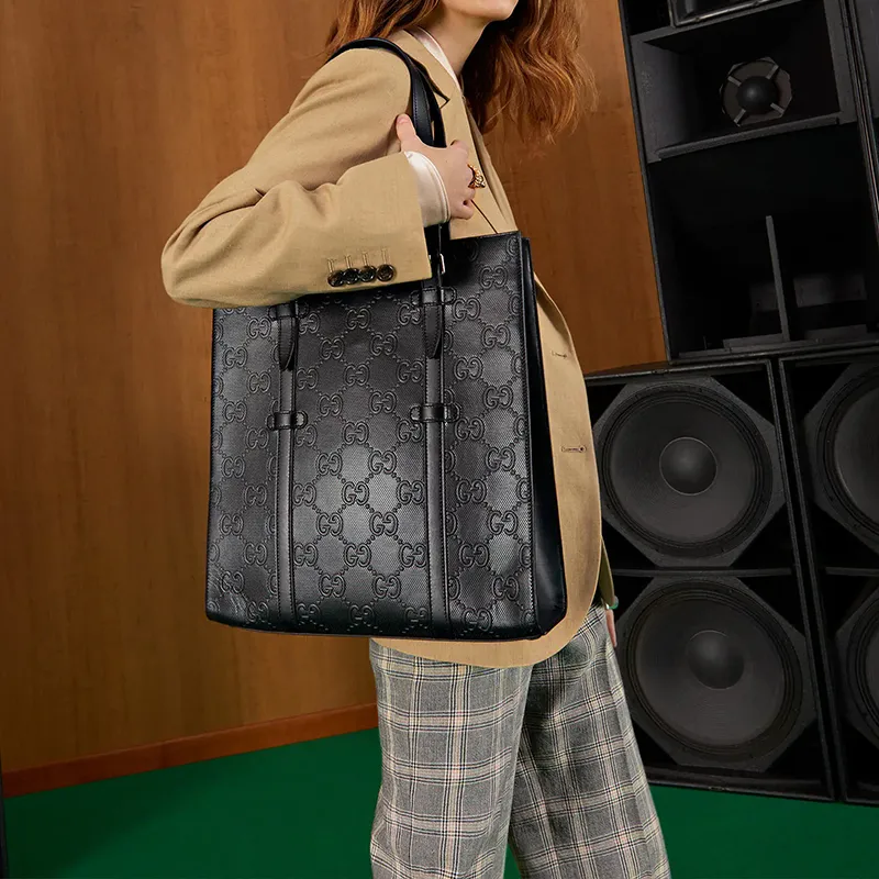 GUCCI Leather Tote Bag Shopping Bag Handbag Medium Size Men's Black-10