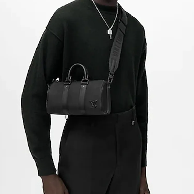 LOUIS VUITTON KeepallAerogram Leather One Shoulder Crossbody Travel Bag Men's Black-6