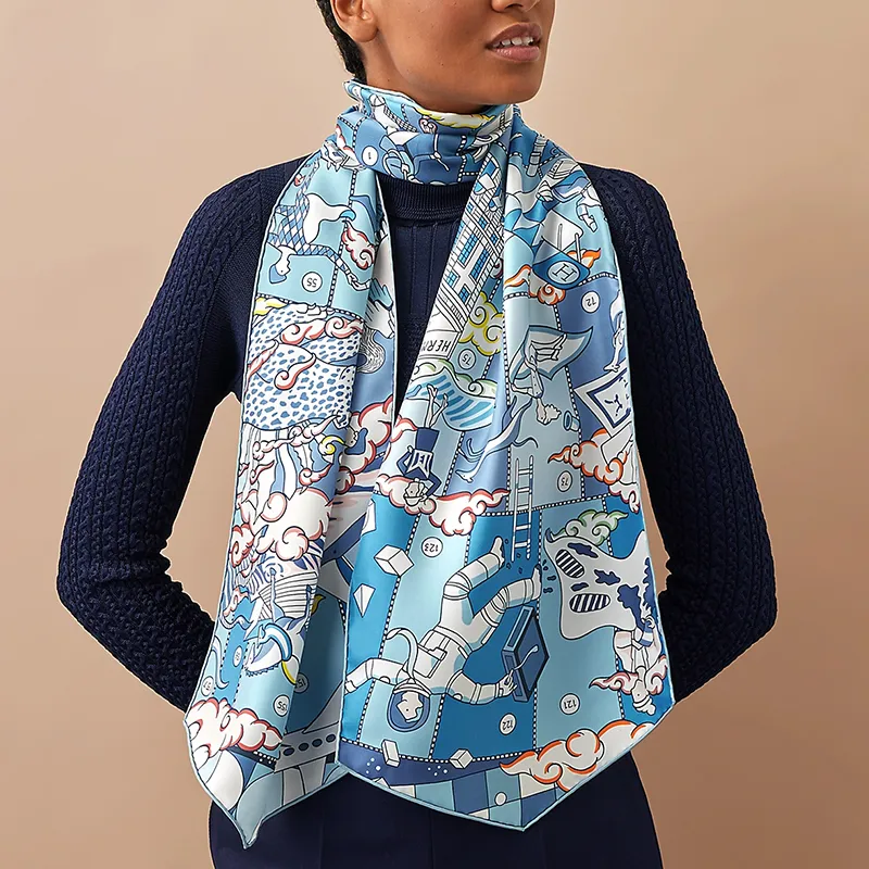 HERMES Epic Detail Silk Scarves Women's Blue/White/Dark Pink-1