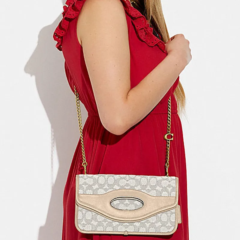 COACH Foldover Jacquard Fabric Handheld Crossbody Bag Tubas Women's Ecru-5