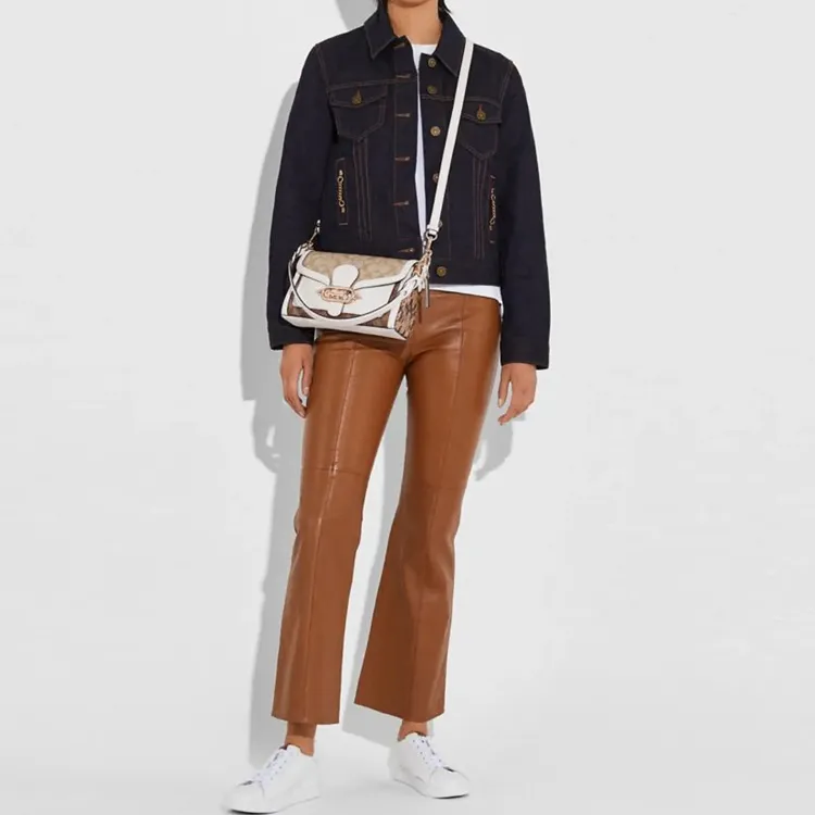 COACH Jade Canvas With Leather Shoulder Bag Portable Crossbody Bag Shoulder Bag Women's White & Light Khaki Monogram-4