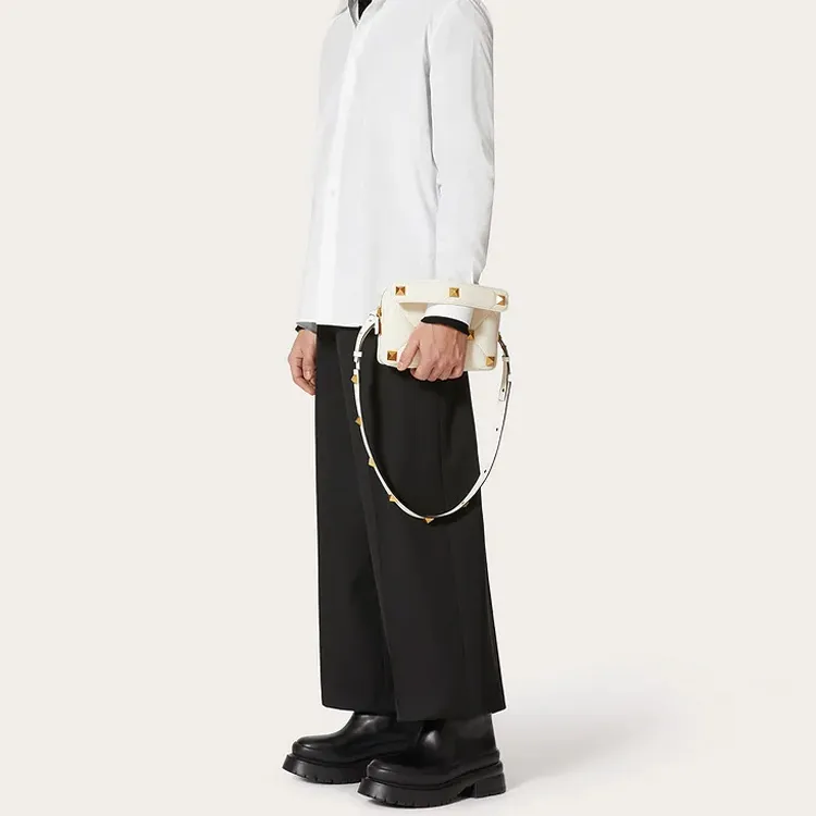 Valentino Roman Stud Soft Sheep Leather Handbag, Shoulder Bag, Crossbody Bag Men's White-6