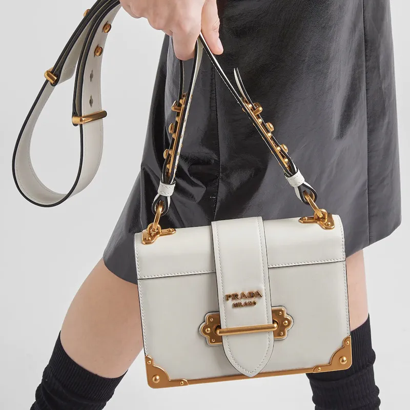 PRADA Cahier Leather One Shoulder Handbag, Crossbody Bag Women's White-4