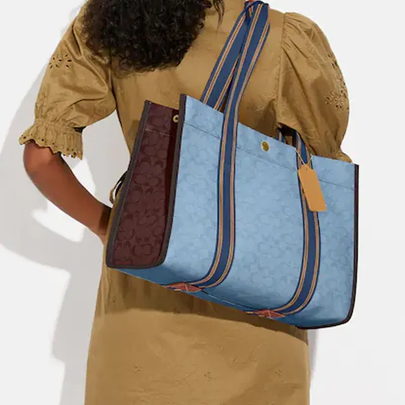 COACH Spin Iconic Jacquard With Smooth Leather Tote Bag, Shoulder Bag, Handbag Tubas Women's Blue & Brown-3