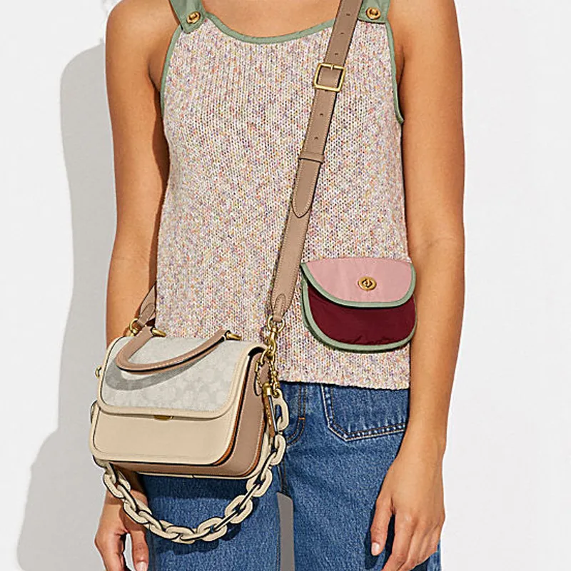 COACH Rogue Jacquard Fabric With Cow Leather Handbag Shoulder Bag Crossbody Bag Small Size Women's White & Nude-4