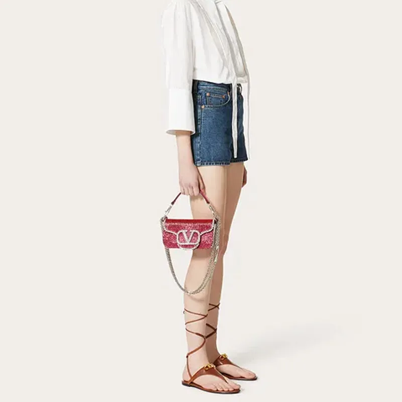 Valentino Locò Leather Baguette Bag Shoulder Bag Crossbody Bag Handbags Mini Women's Red-5