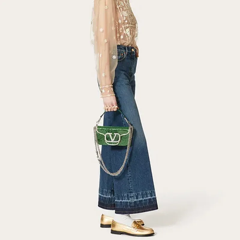 Valentino Locò Leather Baguette Bag Handbags Shoulder Bag Crossbody Bag Mini Women's Green-5