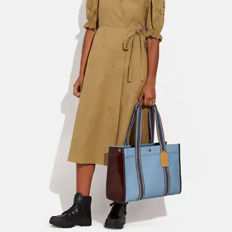 COACH Spin Iconic Jacquard With Smooth Leather Tote Bag, Shoulder Bag, Handbag Tubas Women's Blue & Brown-4