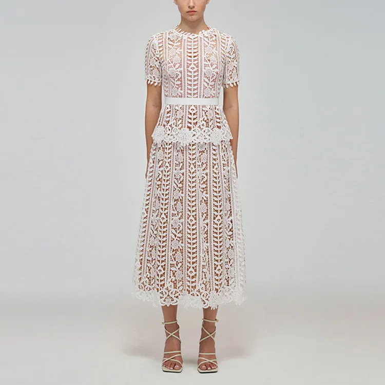 Self portrait Short Sleeved Dresses Women's Pure White Color-3