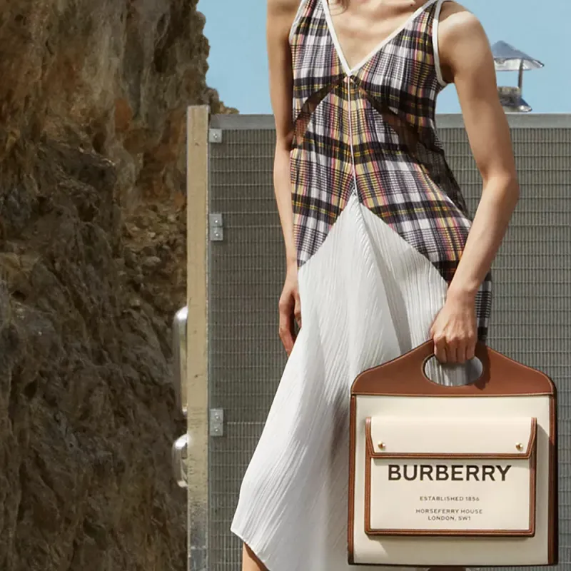 Burberry Medium Two Tone Canvas And Leather Pocket Bag Natural/Malt Brown-6