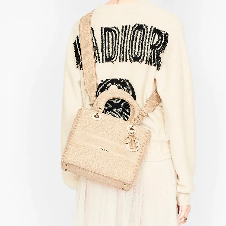 DIOR Lady D-Lite Canvas Daisie Bag Handbag Medium Size Women's Beige-4