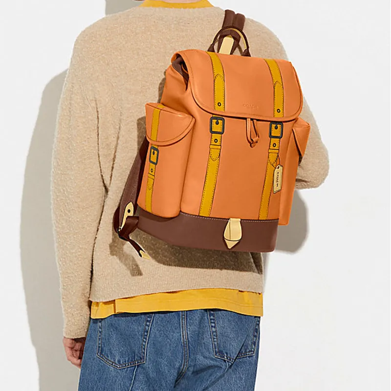 COACH Hitch Cow Leather Textile Leather Laptop Backpack Men's Yellow Brown Orange Multicolor-4