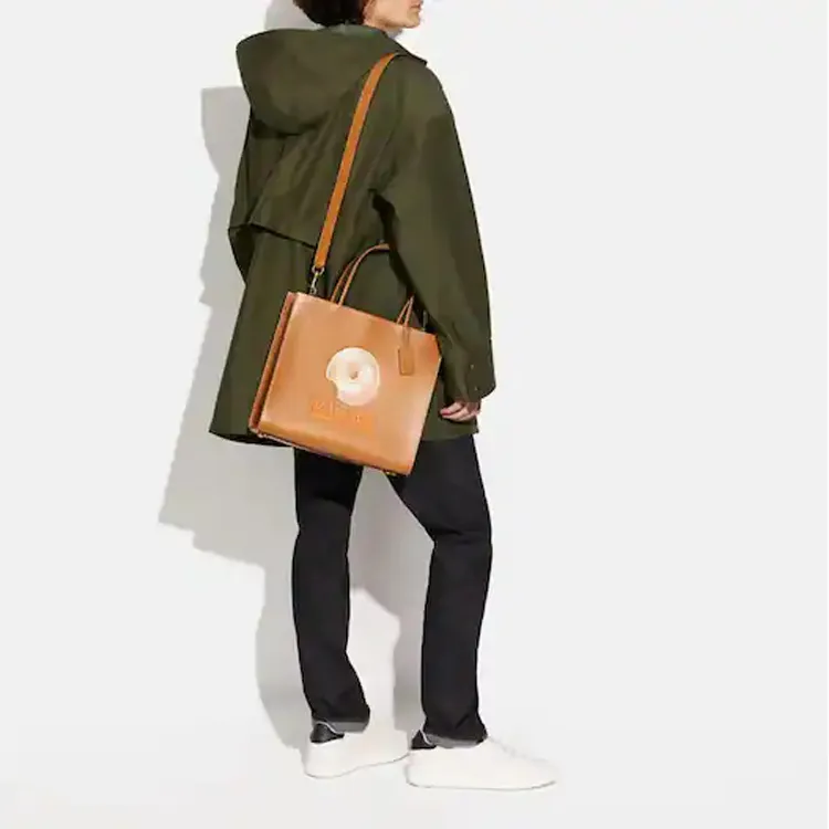 COACH Cashin Text Leather Horizontal Stripes Large Capacity Single Handbag Tote Bag Tubas Women's Orange-2