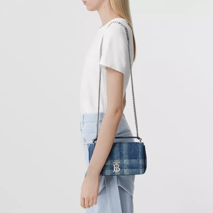 Burberry Lola Bag Quilted Denim Cotton Linen Blend Plaid Crossbody Bags Shoulder Bags Women's Blue-5