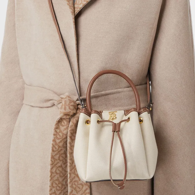 Burberry Cotton Canvas With Leather Bucket Bag Handbag Shoulder Bag Crossbody Bag Mini Women's Light Umber-6