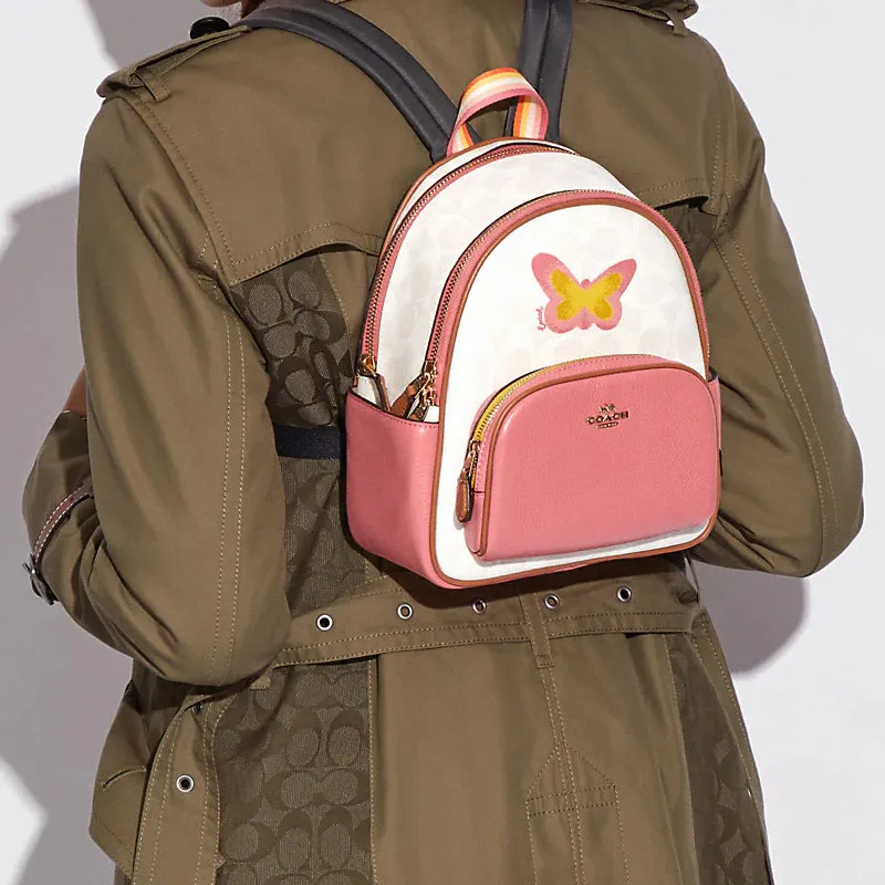 COACH Court Canvas With Leather Backpack Regular Women's Cherry Blossom Pink & White-3