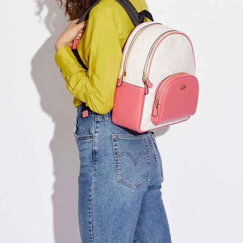 COACH Court Leather Backpack Medium Size Women's Cherry Blossom Pink & White-4