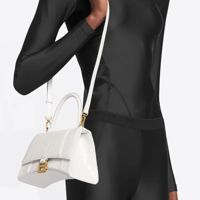 Balenciaga Hourglass Handbag Crocodile Embossed White/Gold tone-6