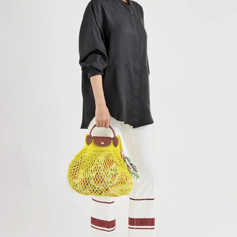 LONGCHAMP Le Pliage Filet Fabric With Leather Mesh Pocket Grid Bag Handbag Large Size Women's Neon Yellow-3