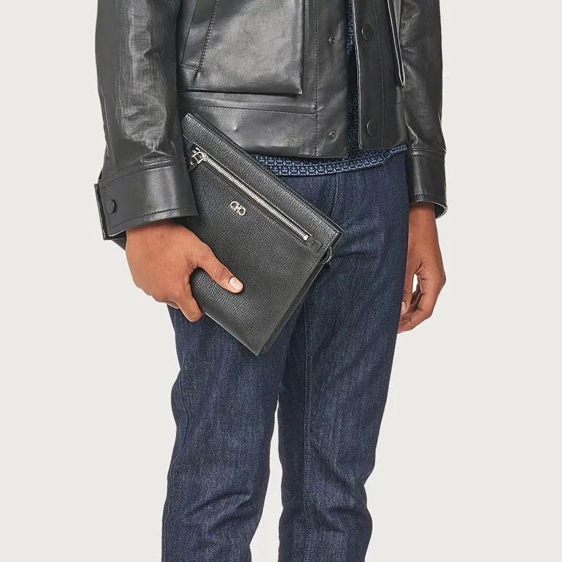 FERRAGAMO GANCINI Cow Leather Clutch Regular Men's Black-4