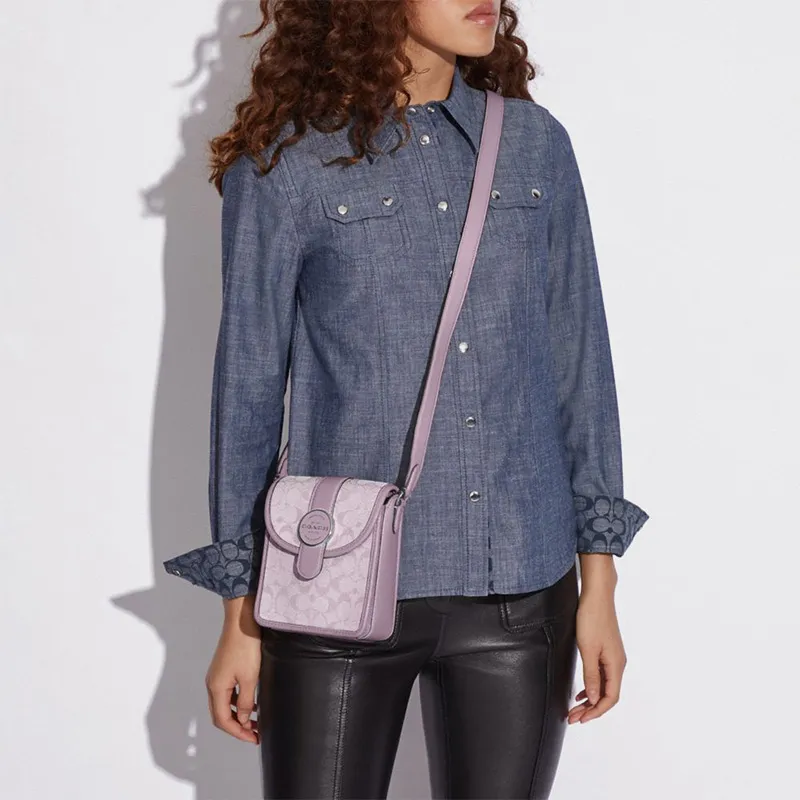 COACH Lonnie Fabric Cow Leather Patchwork Small Square Bag Shoulder Bag Crossbody Bag Small Size Women's Purple Lilac-2
