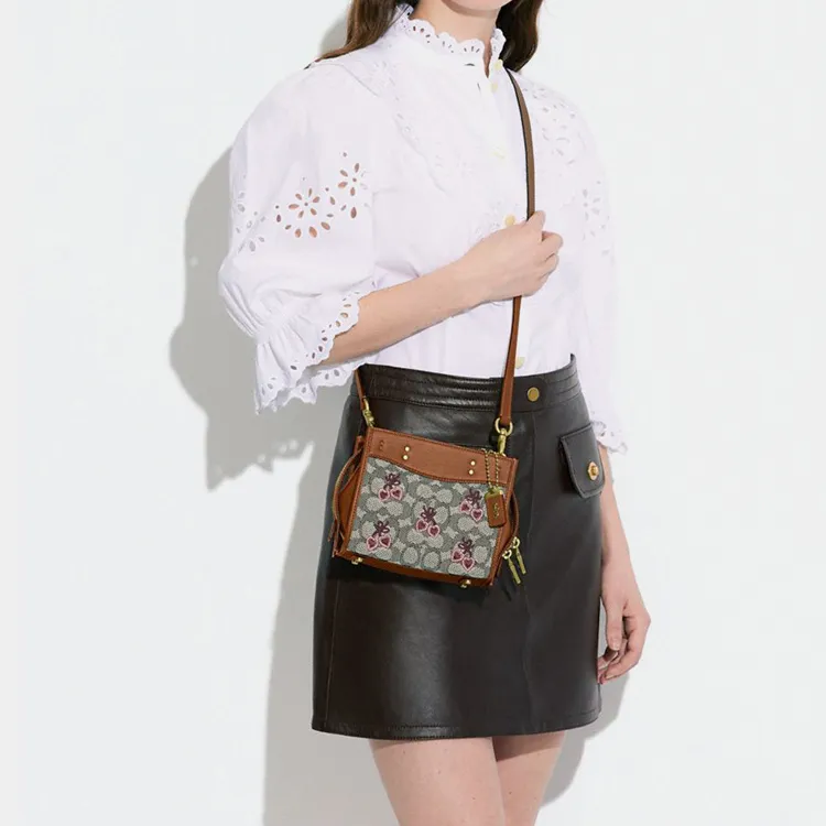 COACH Rogue Embroidery Fabric With Cow Leather Handbag, Shoulder Bag, Crossbody Bag Small Size Women's Monogram Brown-4