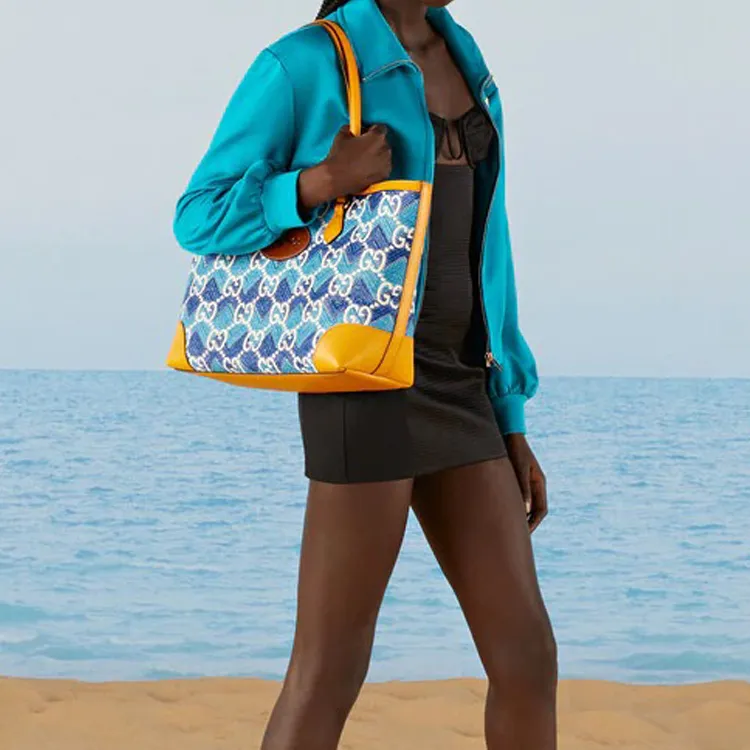 GUCCI Leather Finish, Straw Fabric, Straw Woven Tote Bag, Shopping Bag, Handbag, Shoulder Bag Women's-8